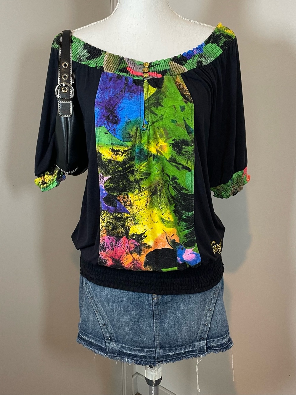 Y2K Coogi Large Colorful Abstract Off the shoulder Watercolor Print Blouse